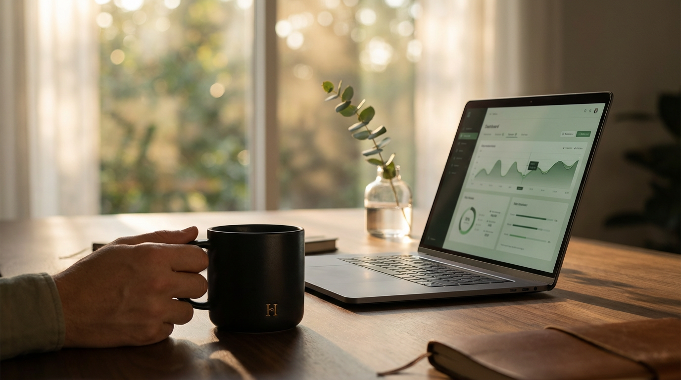 A focused moment of work at a Haven-branded walnut workspace with sage green dashboard glow