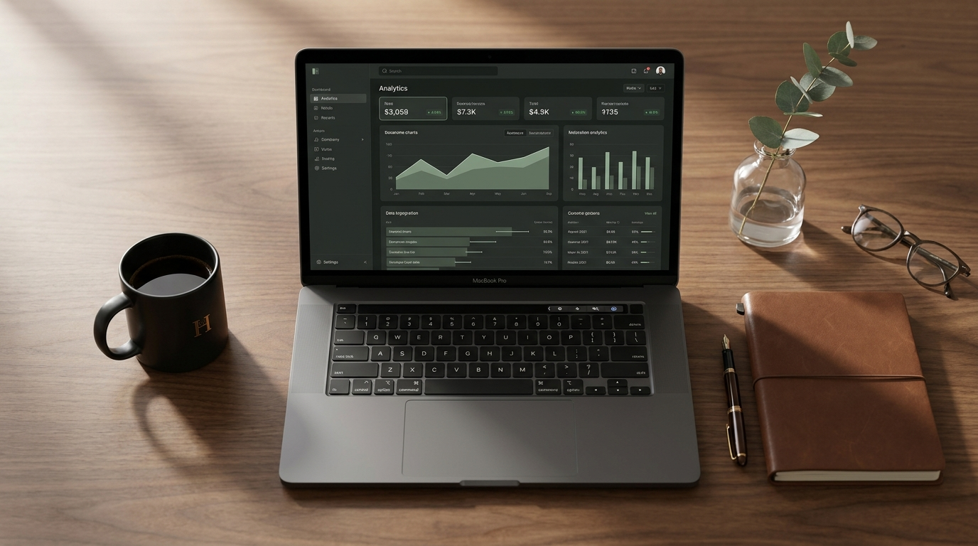 Modern walnut workspace with a laptop displaying Haven Performance Marketing analytics dashboard