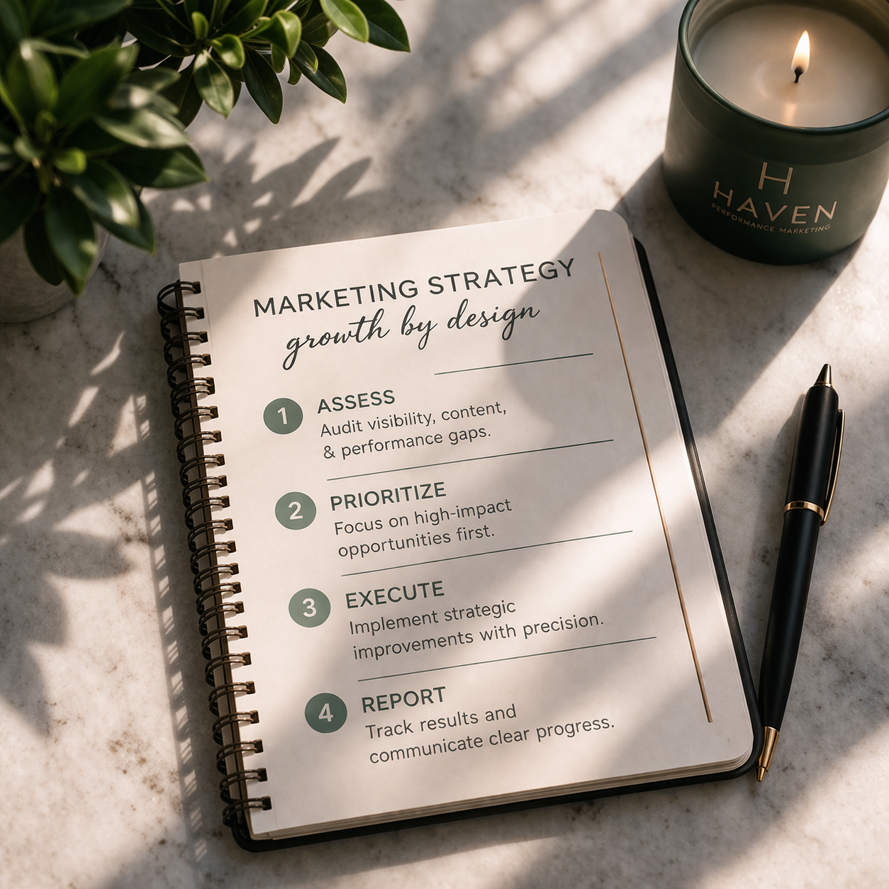 Haven Marketing Strategy notebook showing the four-step process