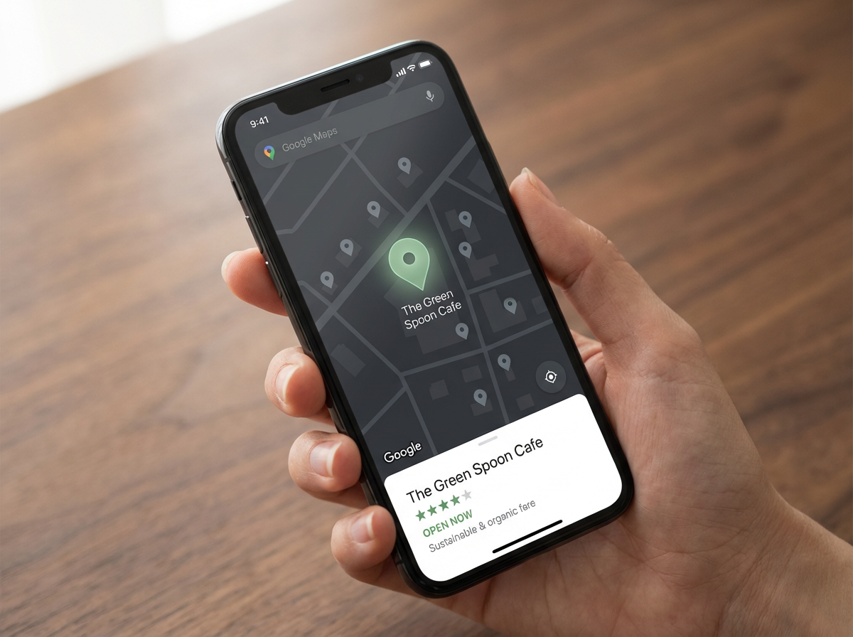 Phone showing a Google Maps local search result with a sage green business pin