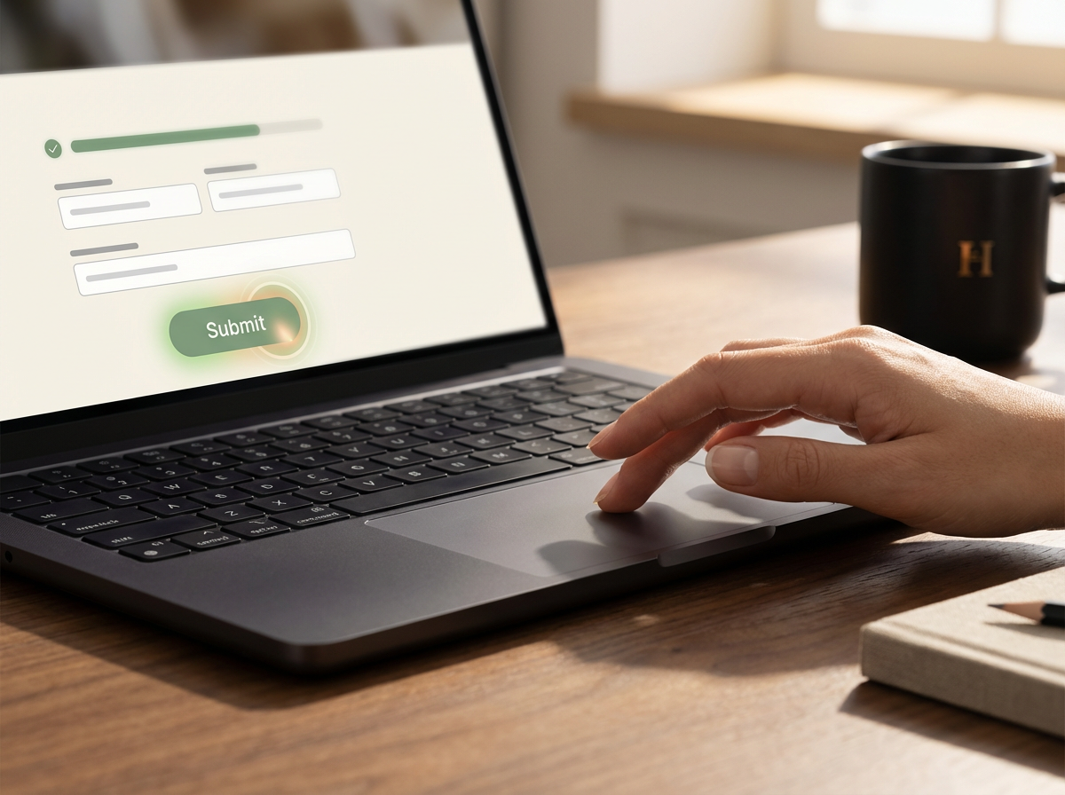 Hand clicking a sage green Submit button on a laptop trackpad with a website form on screen